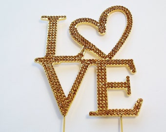 LOVE Gold Rhinestone Cake Topper, Large Metal 9.5" Wedding Cake Monogram Elegant Script Design with Heart, Prongs, Stainless Steel