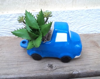 Blue Pick Up Truck Succulent Faux Arrangement in Ceramic Planter Featuring 2 Succulents Tier Tray Decor Desk Home Office Dorm or Shelf Decor