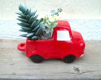 Red Pick Up Truck Succulent Faux Arrangement in Ceramic Planter Featuring 3 Succulents Tier Tray Decor Desk Home, Office Dorm or Shelf Decor