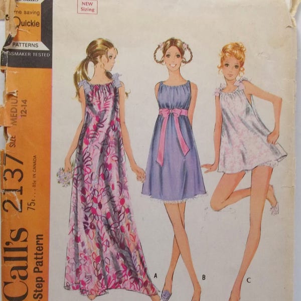 Misses' Baby Doll Pajamas with Bloomers, Long or Short Nightgown Pyjama  McCall's 2137 Sewing Pattern 60's Retro Lingerie, Size 12 - 14