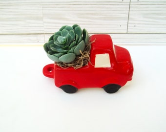 Red Pick Up Truck Succulent Faux Arrangement in Ceramic Planter Tier Tray Decor, Hostess Gift, Desk, Home, Office, Dorm or Shelf Decor