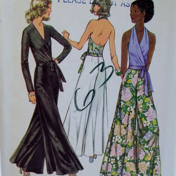 Missers Retro Wrap of Halter Top w/Tie taille eenvoud 5355 naaien, wijde been broek met rits terug 70 's formele broek grootte 12 ONBESNEDEN Destash