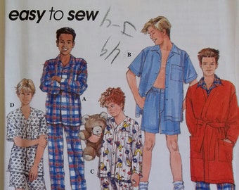 Boy's Robe & Pajamas Simplicity 8968 Sewing Pattern Long or Short Sleeve Top and Elastic Waist Pants or Shorts Size 12- 16 Easy to Sew UNCUT