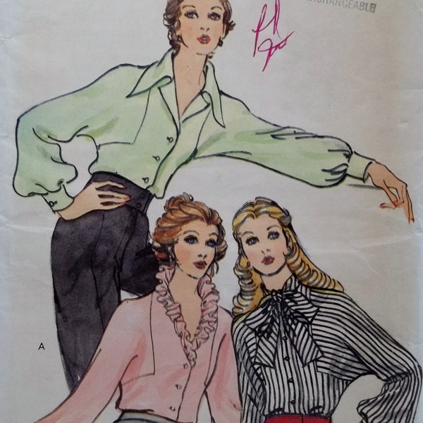 Easy to Sew Misses' Collared 70's Retro Shirt Vogue 8388 Vintage Sewing Pattern Loose Fit Blouse, Dolman Sleeves Button Cuffs Size 14 UNCUT