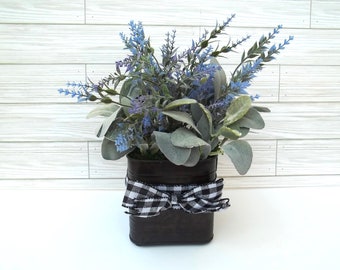 Lavender Floral Arrangement, Farmhouse Style, Lambs Ear, Buffalo Check Bow, Rustic Metal Container w/ Handles 4.75" X 5" Sq. Home Decor