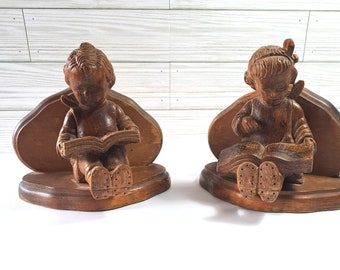 Carved Boy and Girl Bookends, Vintage Reading Children Book Ends, Wooden Bookends, Library or Home Office Decor  Wood Collectible Primitive
