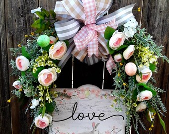 Spring Ranunculus Wreath for Front Door, 3 Ribbon Bow, 18" Grapevine Wreath Base, Egg Accents, Glittered Bunny Sign , 3 Types of Greenery