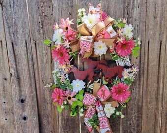 Horse Wreath for Front Door, Rodeo Fan, Horse Lover, Pink Florals, Double Bow on 18" Painted Grapevine, Pink Western Wreath, Wall Decor