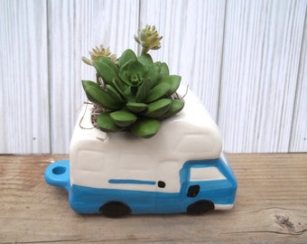 RV Camper Succulent Faux Arrangement in Ceramic Planter Featuring 2 Succulents, Desk, Dorm, Shelf Decor, Birthday or Appreciation Gift Idea