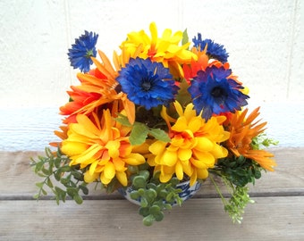 Floral Arrangement in Bowl, Orange, Yellow Mums, Blue Cornflowers, Boxwood and Assorted Greenery in Ceramic Bowl, Table Centerpiece Décor