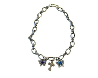 Silver Butterfly Charm Necklace, Rhinestone Cross Pendant, Y2K Jewelry