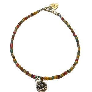 Handmade Seed Bead Anklet: Silver Rose Charm, Colorful Beach Jewelry