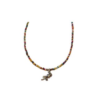 Handmade beaded necklace, floral charm necklace, flower hat necklace, colorful seed bead necklace, boho floral jewelry, beaded choker