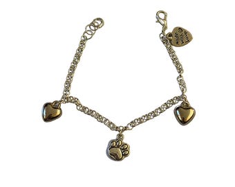 Handmade Silver Charm Bracelet: Paw Print & Heart Charms