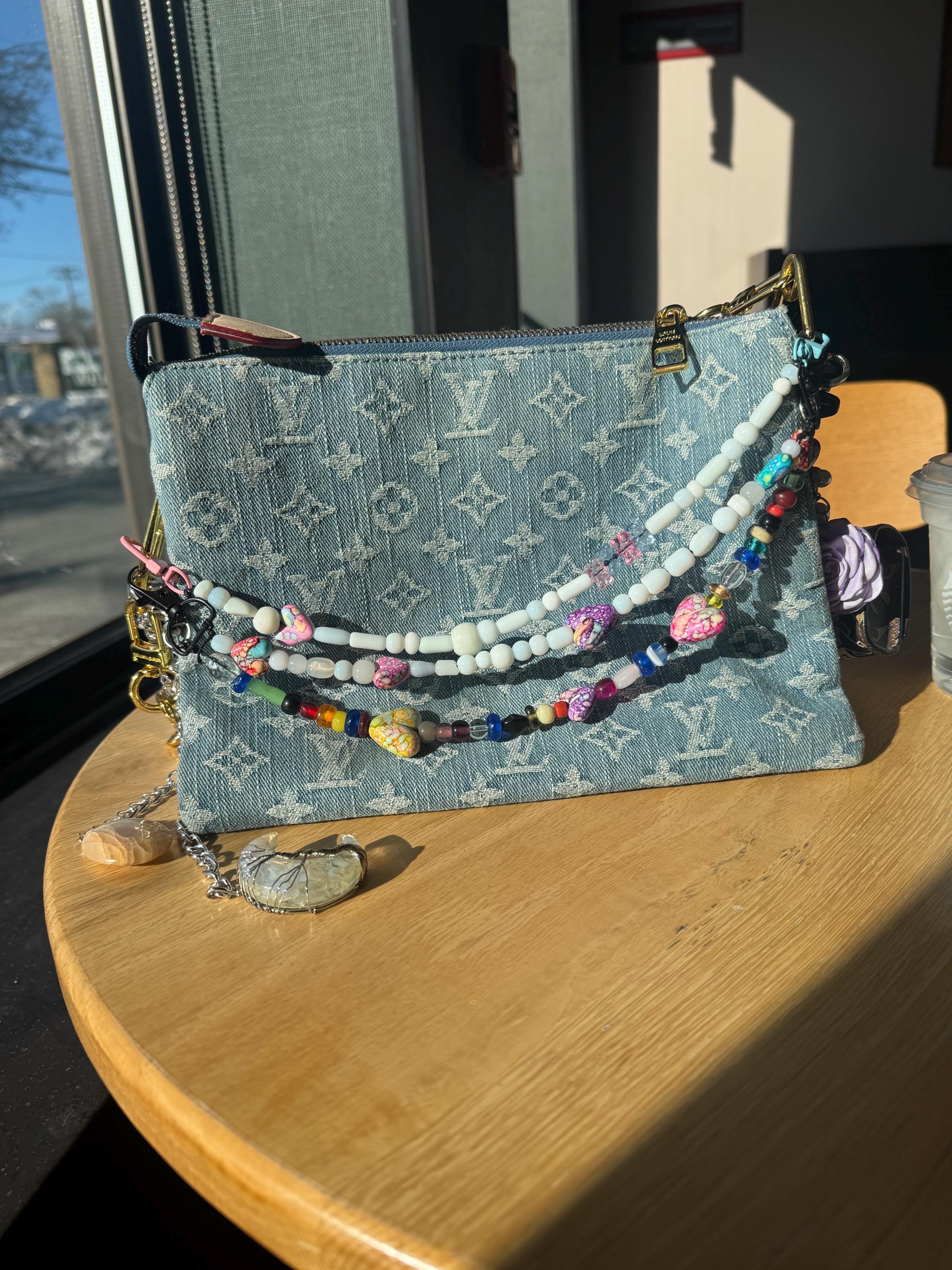 Handmade Beaded Bag Charm: Colorful Heart Purse Accessory Iridescent Crystal Bag Charm, Pink and Blue Hearts Bag  main image 4