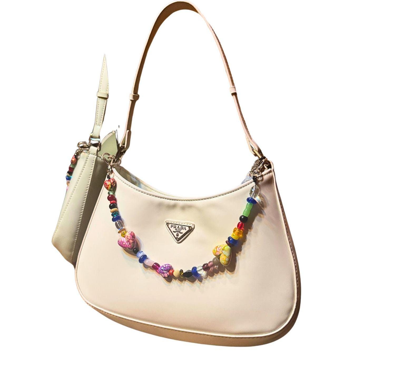 Handmade Beaded Bag Charm: Colorful Heart Purse Accessory Iridescent Crystal Bag Charm, Pink and Blue Hearts Bag  main image 2