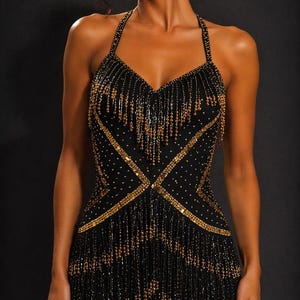 Black & Gold Fringe Flapper Dress | Gatsby-Inspired Beaded Mini Dress | Sparkly Party  Performance Outfit
