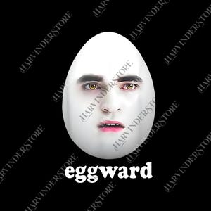 May include: A white egg with a human face, featuring light skin, dark hair, and yellow eyes. The word "eggward" is written in white, bold letters at the bottom. The background is black.