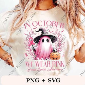 In October We Wear Pink Ghost png, Halloween in October We Wear Pink, Breast Cancer Awareness png, Pink Ribbon png