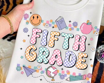 Fifth Grade Checkered Smiley PNG, Boho Teacher Digital Download, School Sublimation File