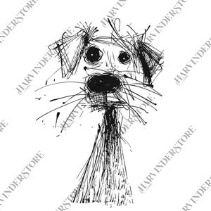 May include: A black and white sketch of a dog's face. The dog has large, round eyes and a prominent nose. The artwork is created with a series of scribbled lines, giving it a whimsical and artistic feel. The dog's fur is suggested by the lines.