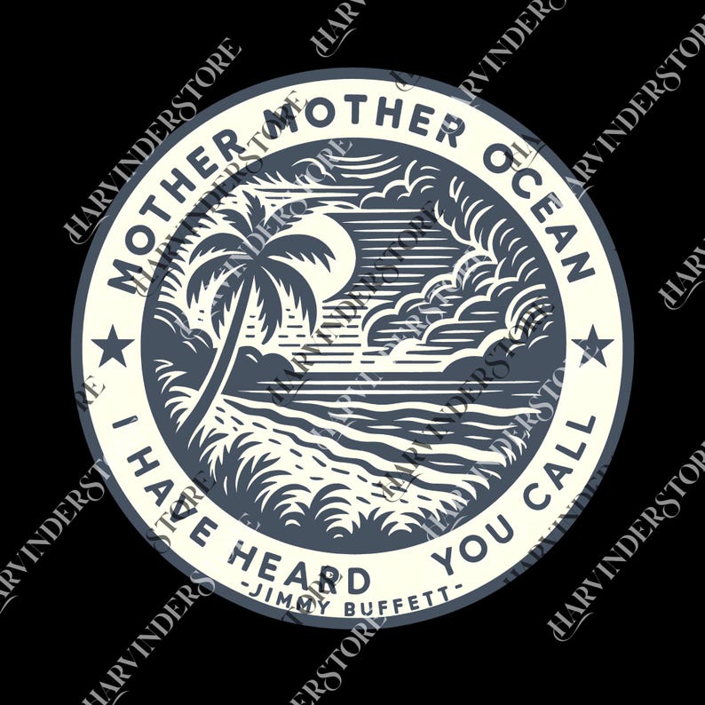 A circular graphic design featuring a palm tree, ocean waves, and clouds, with the text "Mother Ocean" and "I have heard you call" around the edge.