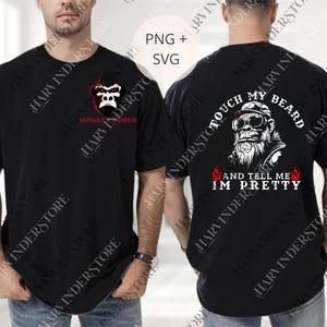 Puede incluir: Camiseta negra con un diseño de gorila. El frente dice "MONKEY SOBER". La parte trasera dice "TOUCH MY BEARD AND TELL ME I'M PRETTY".