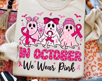 In October We Wear Pink Ghosts PNG, Halloween Spooky Season Digital Download