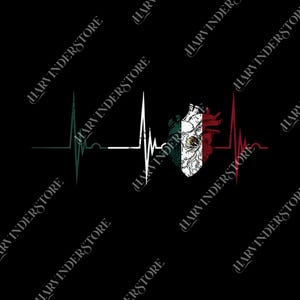 May include: A graphic design featuring a heart in the colors of the Mexican flag, with a heartbeat line. The design includes the colors green, white, and red, and is set against a black background.