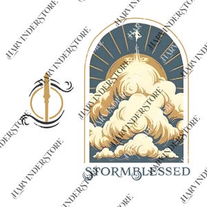 May include: A digital illustration featuring a stylized cloud formation with a sunburst background, framed by a gold arch. The word "STORMBLESSED" is below the image in a teal font. A separate gold and black emblem is on the left.