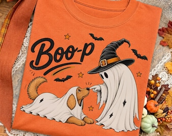 Boo-p Ghost Witch Hat Dog PNG, Halloween Spooky Season Digital Download, Retro Horror Graphic