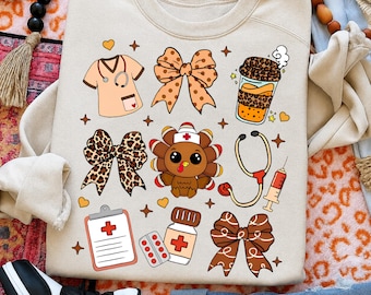 Nurse Thanksgiving PNG, Fall Scrub Top Digital Download