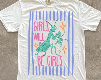 Girls Will Be Girls PNG, Feminist Praying Mantis Digital Download, Orange Stars Stripes Art