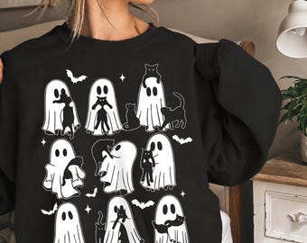 Spooky Cats & Ghosts Halloween PNG, White Outline Digital Download, Cute Halloween Graphic