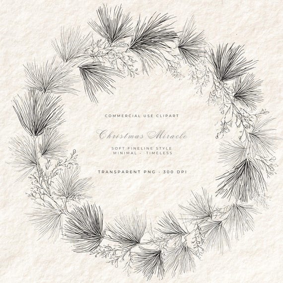 Premium Christmas Wreath Clipart PNG, Minimal Line Art Wreath, Elegant Holiday Frame, Botanical Winter Clipart, Transparent PNG 300 DPI