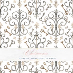 Skeleton Key Wrought Iron Watercolor Pattern, Gothic Digital Paper, Ornate Key Tile