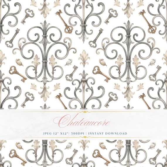 Skeleton Key Wrought Iron Watercolor Pattern, Gothic Digital Paper, Ornate Key Tile
