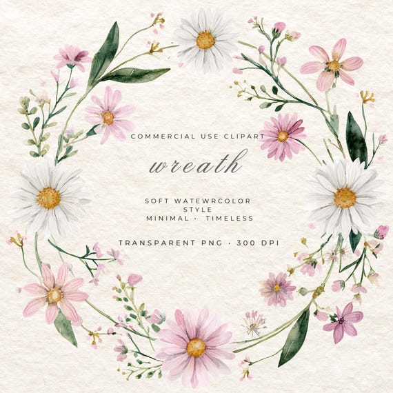 Floral Pink Daisies Wreath PNG, Watercolor Flower Frame Clipart, Wedding Logo Frame, Baby Shower Invitation Border, Botanical Circle Design
