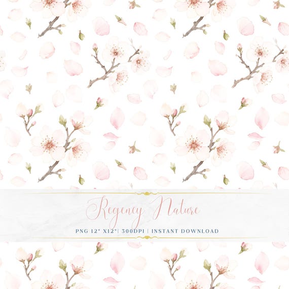 Elegant Pastel Spring Floral Seamless PNG Botanical Watercolor Cherry Blossom Digital Paper Fabric Wallpaper