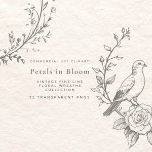 Floral Wreath Clipart | Fine Line Hand-Drawn PNGs | Vintage | Logo Design, Invitations, Branding, Wedding