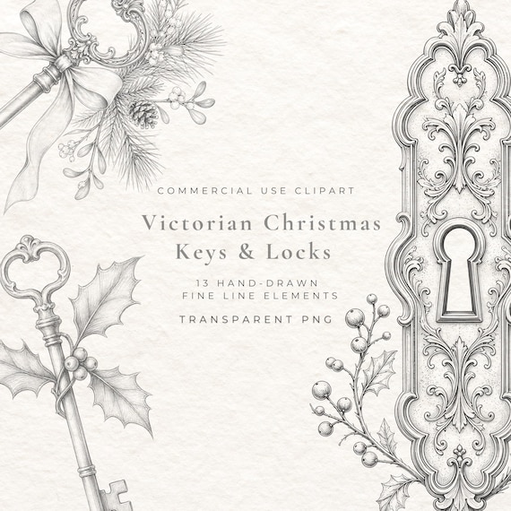 Christmas Keys Clipart PNG, Victorian Skeleton Keys & Antique Locks, Vintage Botanical Line Art, Holiday Illustrations, Commercial Use