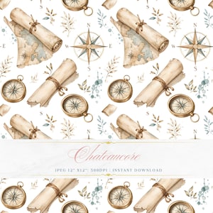 May include: A repeating pattern featuring antique-style compasses, rolled maps, and compass rose designs in shades of brown, beige, and blue-green, with botanical accents on a white background. The text "Chateaucore" is displayed.