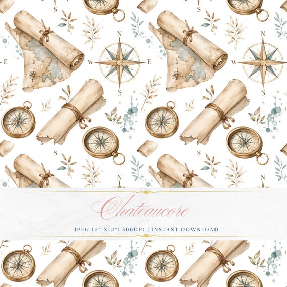 Map Compass Watercolor Seamless Pattern, Explorer Digital Paper, Vintage Navigation Tile
