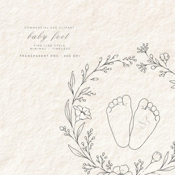 Baby Feet Floral Wreath Clipart PNG | Fine Line Newborn Illustration | Transparent Background | Baby Shower Decor | Digital Download