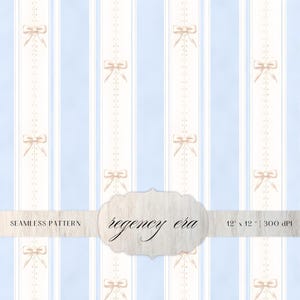 May include: Seamless pattern with vertical stripes in light blue and off-white, adorned with beige bows and dotted lines. The text "regency era" is displayed on a decorative label, with "12 x 12 | 300 dpi" on a banner.