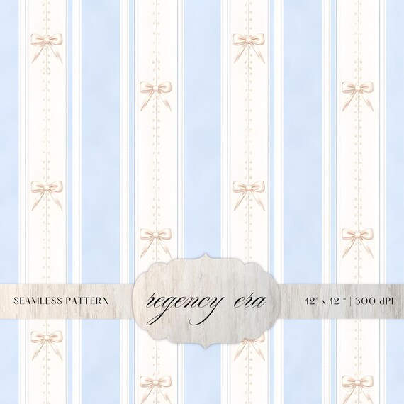 Baby Blue Regency Stripe Seamless Pattern, Ribbon Bow Digital Paper, Elegant Vintage Background, Romantic Textile, Classic Repeat Print