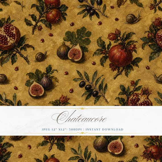 Fig Pomegranate Seamless Pattern JPEG Oil Painting Golden Fruit Chateaucore Digital Paper Download