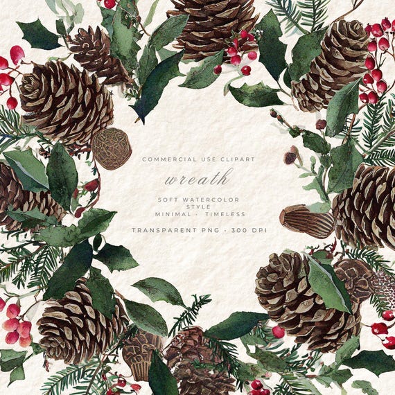 Watercolor Winter Wreath PNG Clipart, Botanical Transparent Background Art, Holiday Digital Download, Commercial Use Card Making