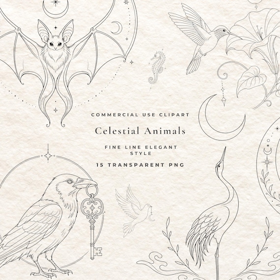 Branding Celestial Animal Clipart Bundle PNG | Fine Line Wildlife Illustrations with Moon & Star Details, Mystical Dark Art