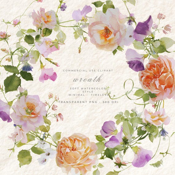 Cottage Garden Roses Watercolor Botanical Wreath PNG, Transparent Background Floral Frame, Scrapbook Paper Craft Design, Commercial Use